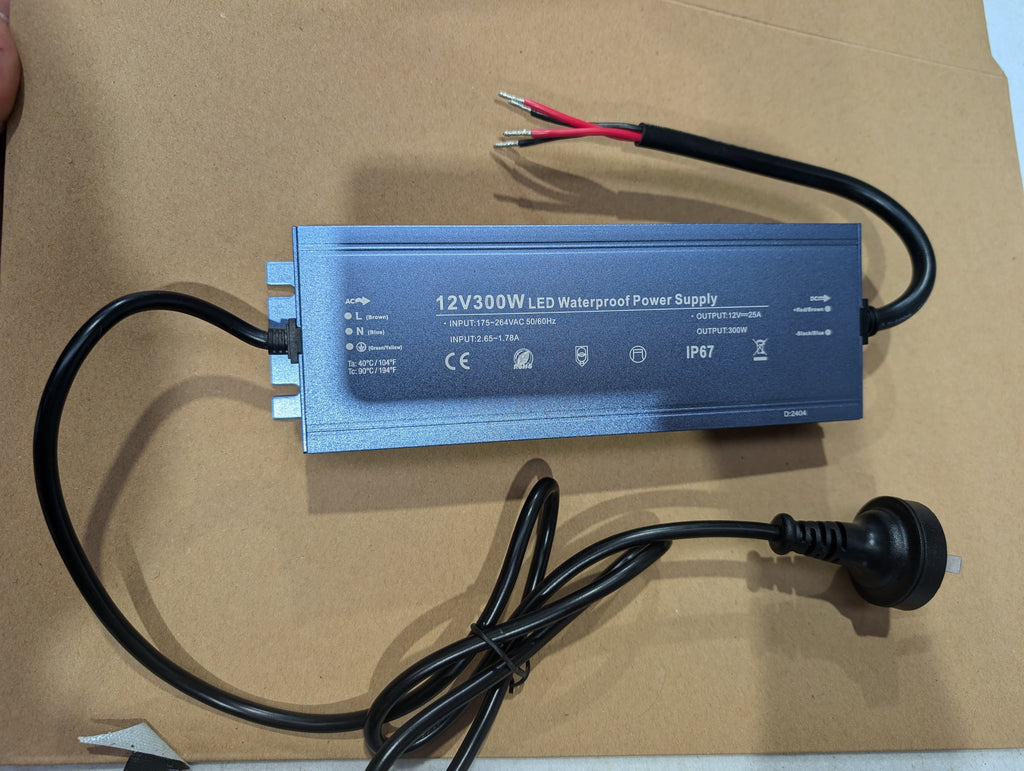 220-240V to 12V/24V Power Supply Waterproof ip65 – 25A or 300W Output, Australian Plug, 3-Year Warranty